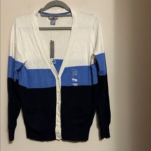 JCP white/blue/navy cardigan with white buttons VERY soft to the touch size L